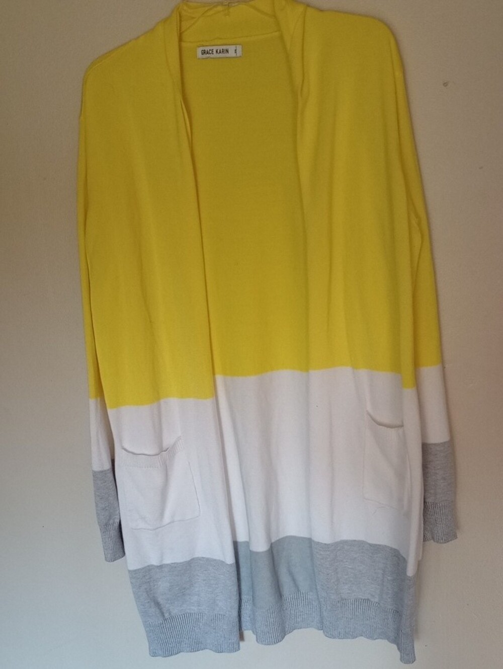 Grace Karin Yellow White Gray Colorblock Open-Front Cardigan Sweater Logenlook - Picture 2 of 6